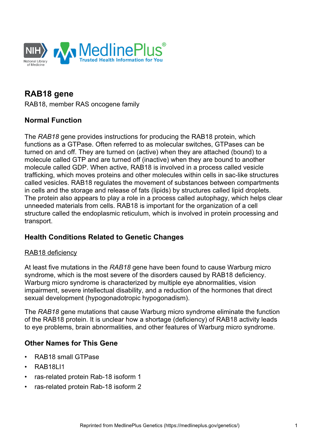 RAB18 Gene RAB18, Member RAS Oncogene Family