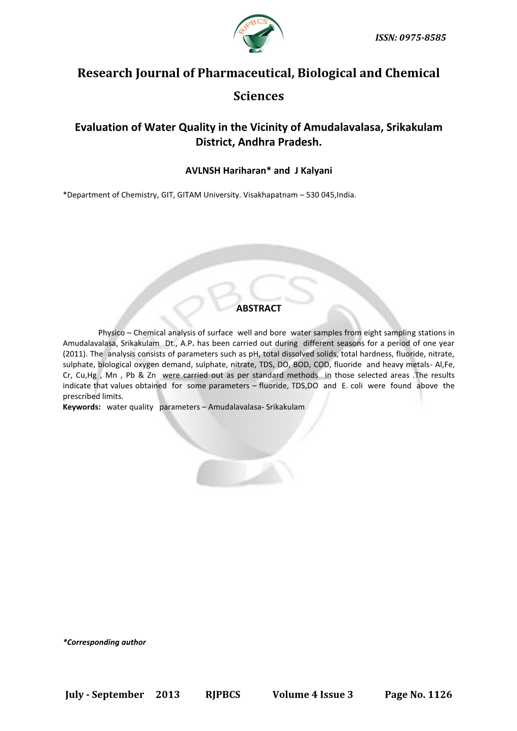 Evaluation of Water Quality in the Vicinity of Amudalavalasa, Srikakulam District, Andhra Pradesh