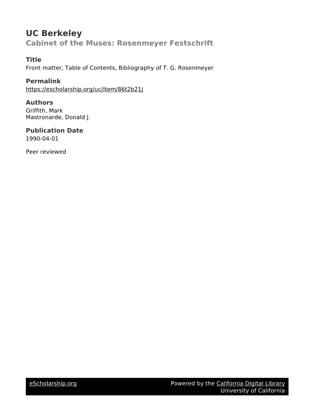 Front Matter, Table of Contents, Bibliography of T. G. Rosenmeyer