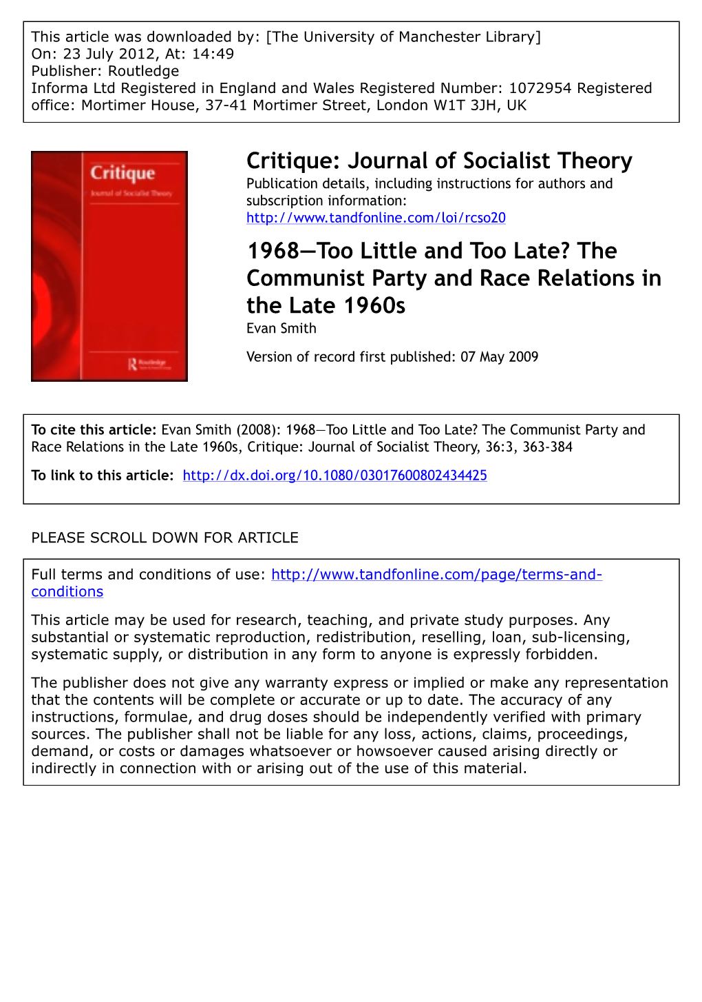 The Communist Party and Race Relations in the Late 1960S Evan Smith Version of Record First Published: 07 May 2009