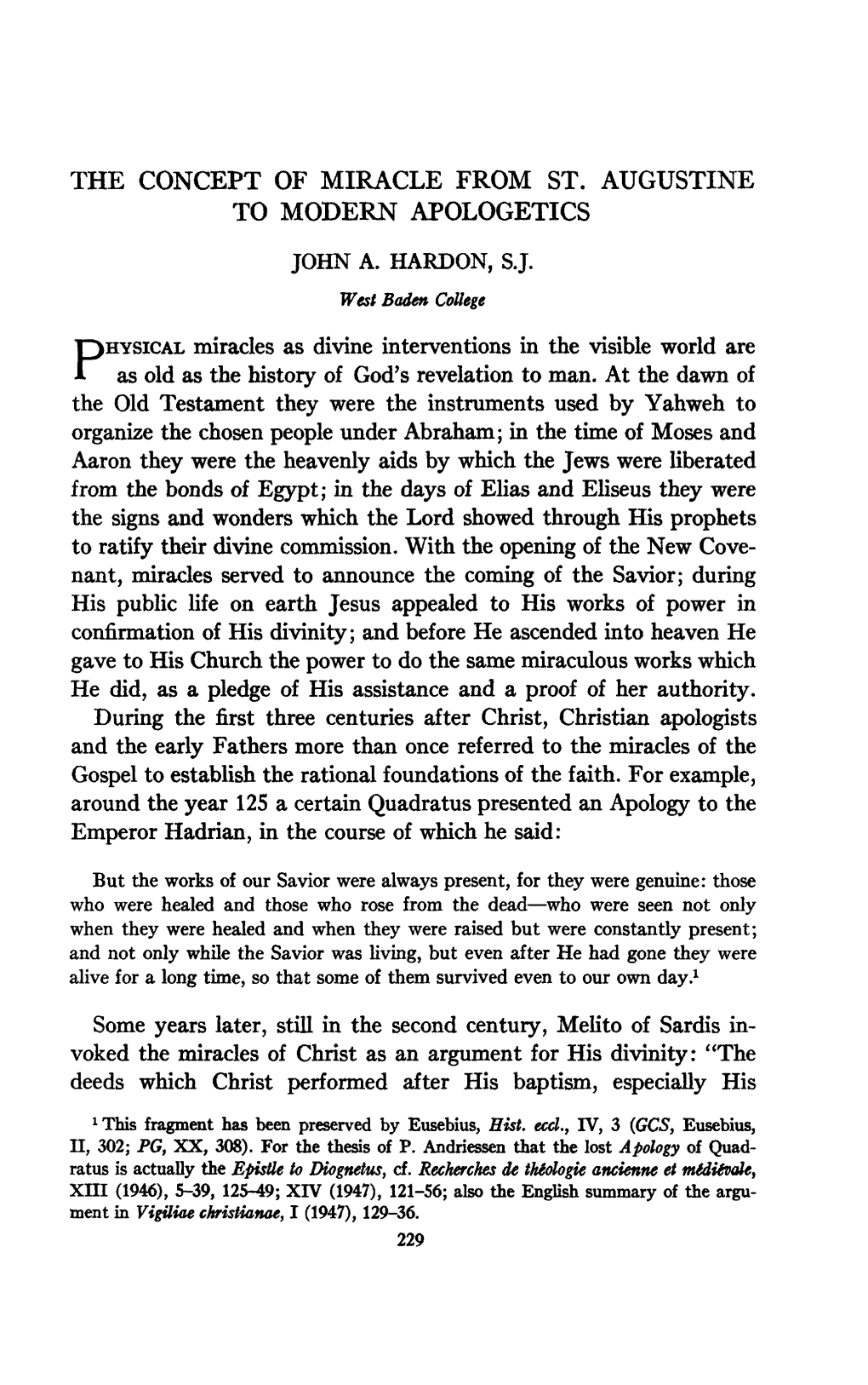 The Concept of Miracle from St. Augustine to Modern Apologetics John A