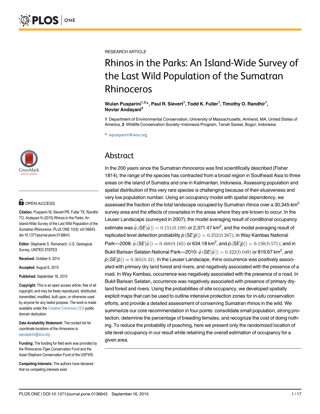 Rhinos in the Parks: an Island-Wide Survey of the Last Wild Population of the Sumatran Rhinoceros