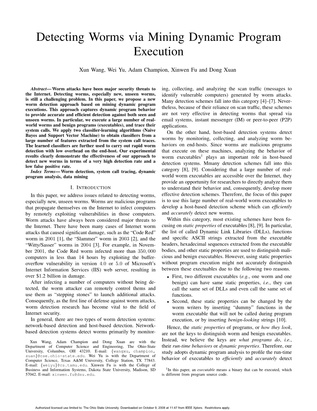 Detecting Worms Via Mining Dynamic Program Execution