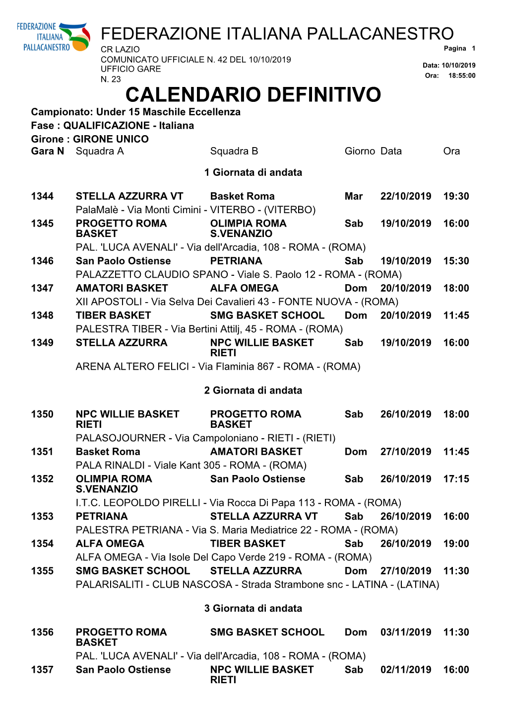 Calendario Definitivo Fase Qualificazione