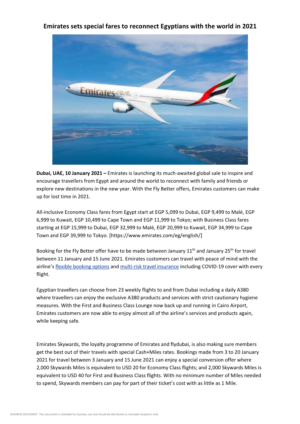 Emirates Sets Special Fares to Reconnect Egyptians with the World in 2021