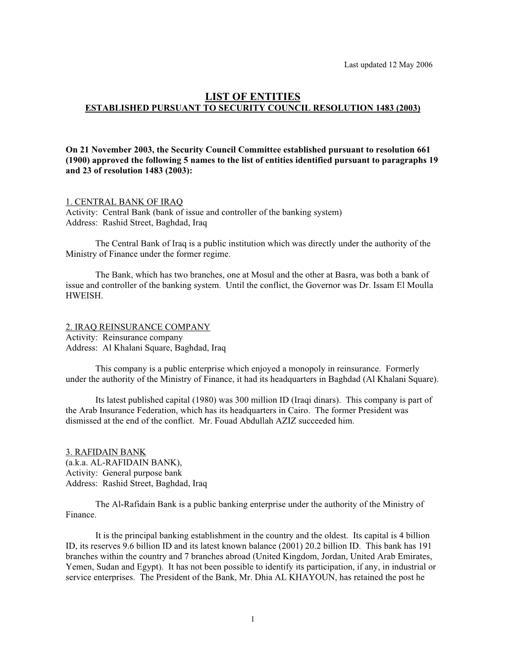 List of Entities Established Pursuant to Security Council Resolution 1483 (2003)