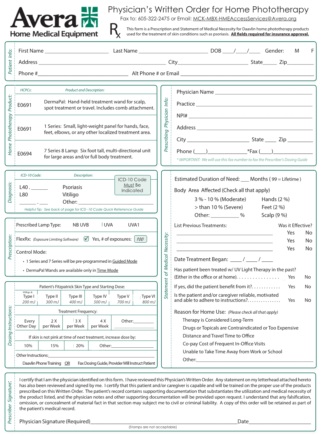 Home Phototherapy Order Form