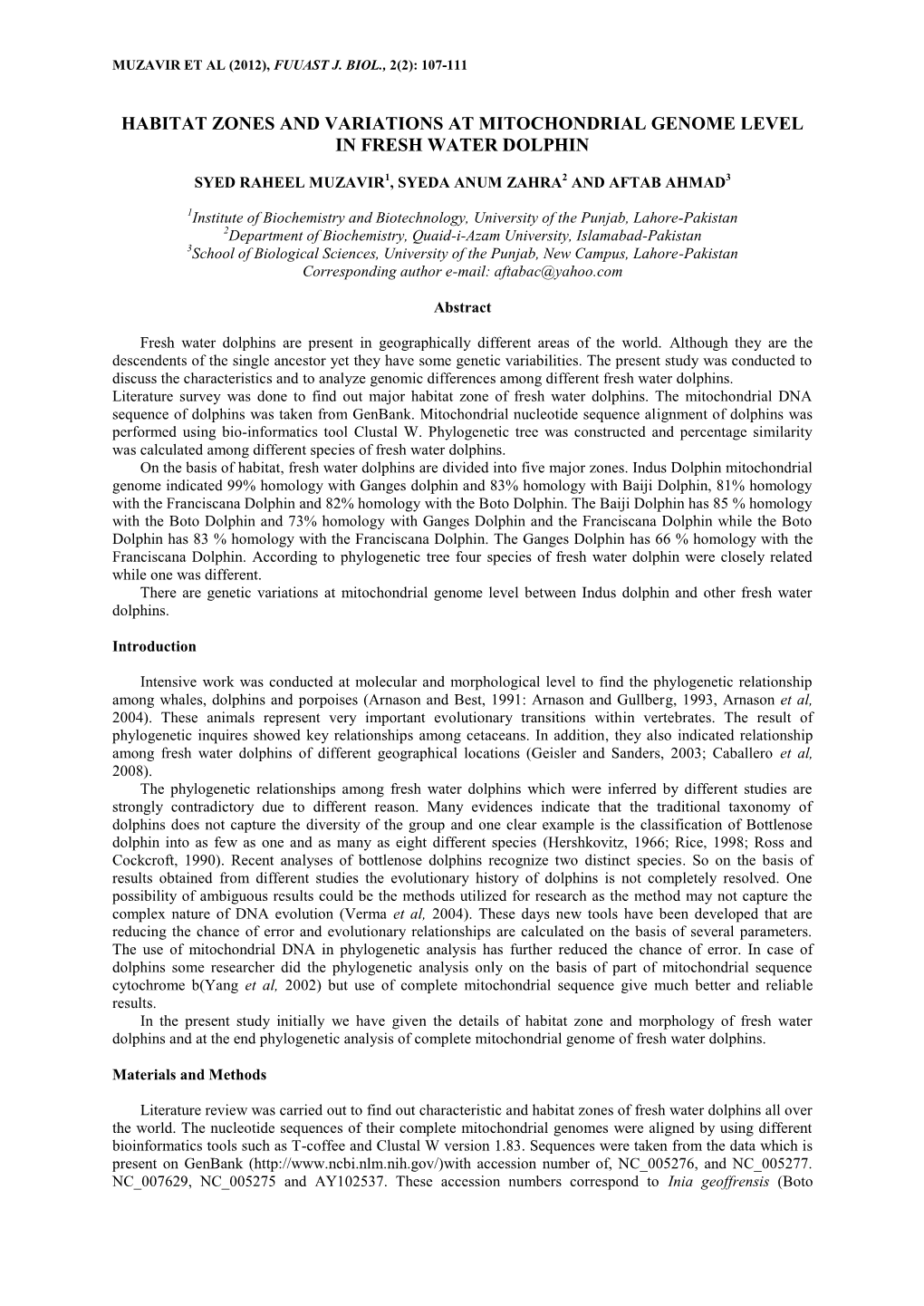 Habitat Zones and Variations at Mitochondrial Genome Level in Fresh Water Dolphin