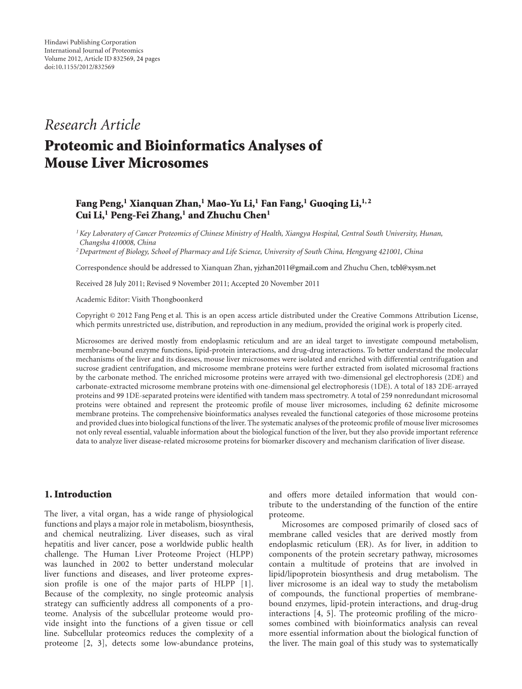 Proteomic and Bioinformatics Analyses of Mouse Liver Microsomes