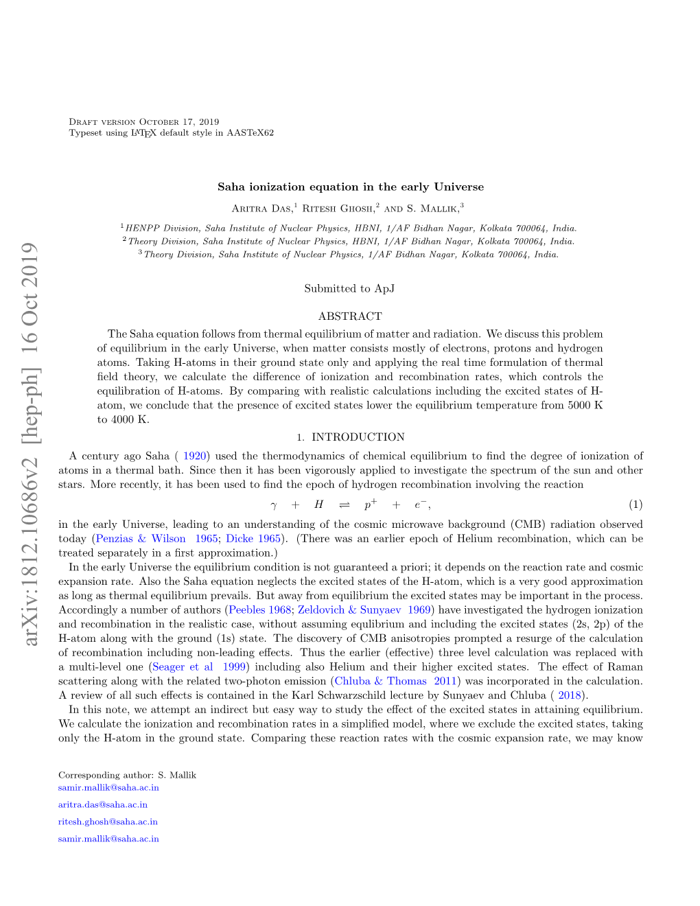 Saha Ionization Equation in Early Universe