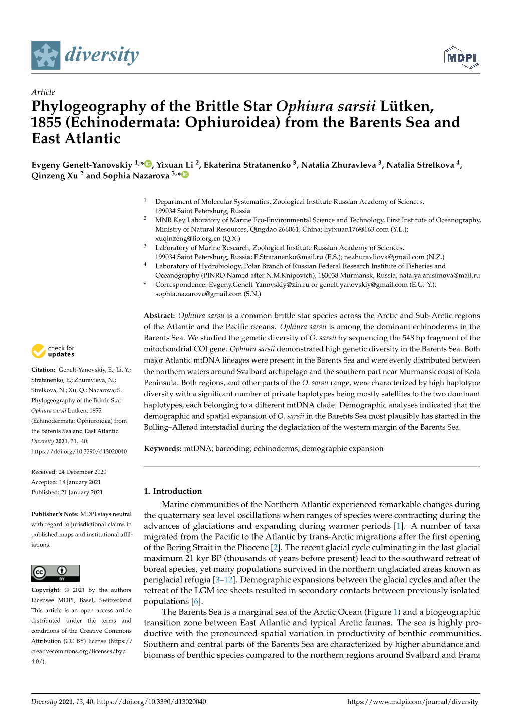 Phylogeography of the Brittle Star Ophiura Sarsii Lütken, 1855 (Echinodermata: Ophiuroidea) from the Barents Sea and East Atlantic