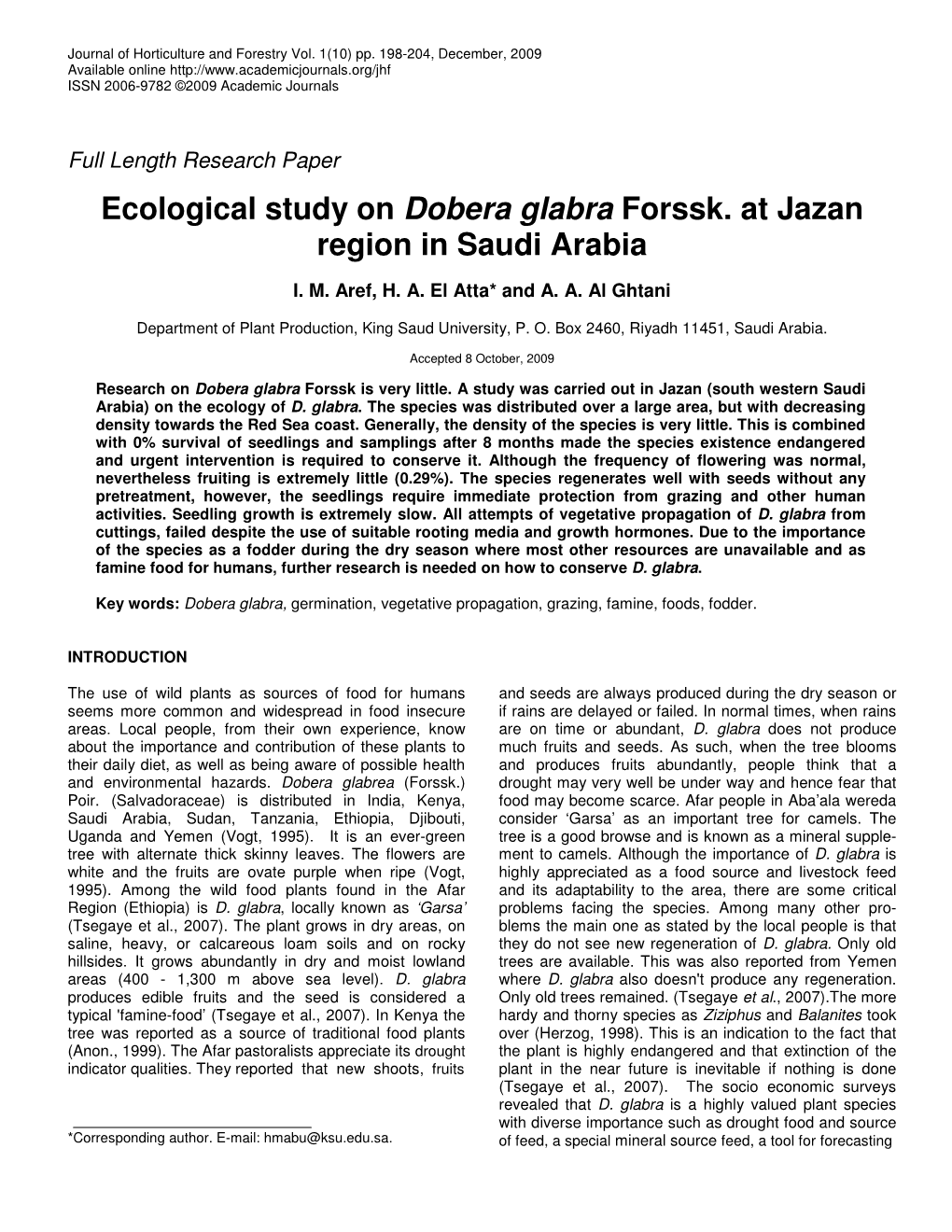 Ecological Study on Dobera Glabra Forssk. at Jazan Region in Saudi Arabia