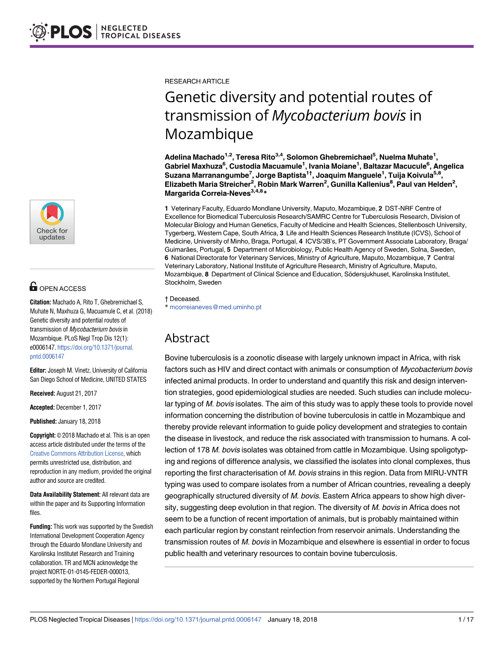 Genetic Diversity and Potential Routes of Transmission of Mycobacterium Bovis in Mozambique