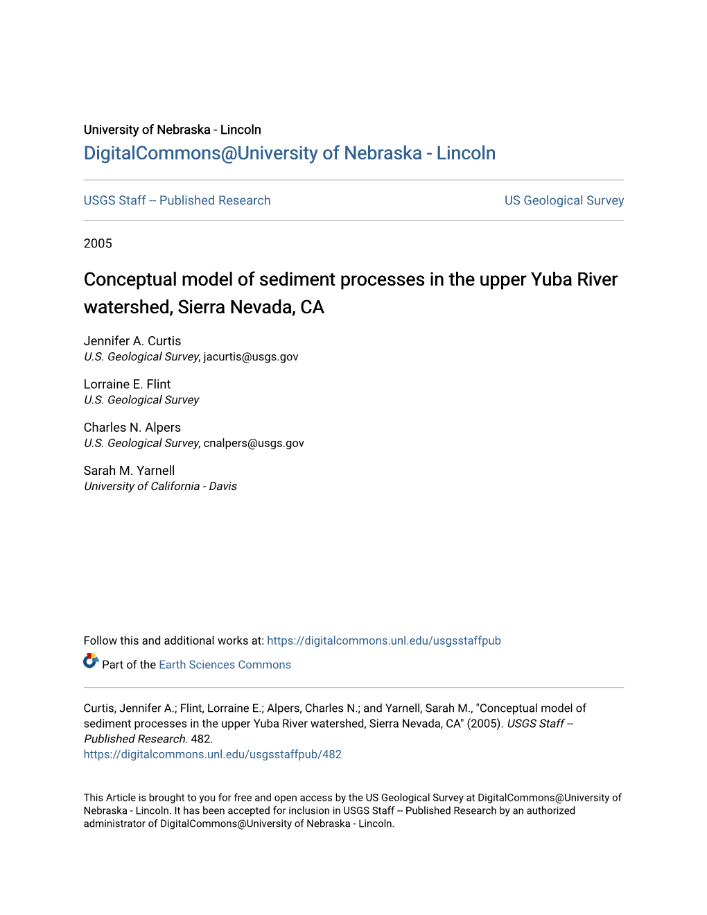 Conceptual Model of Sediment Processes in the Upper Yuba River Watershed, Sierra Nevada, CA