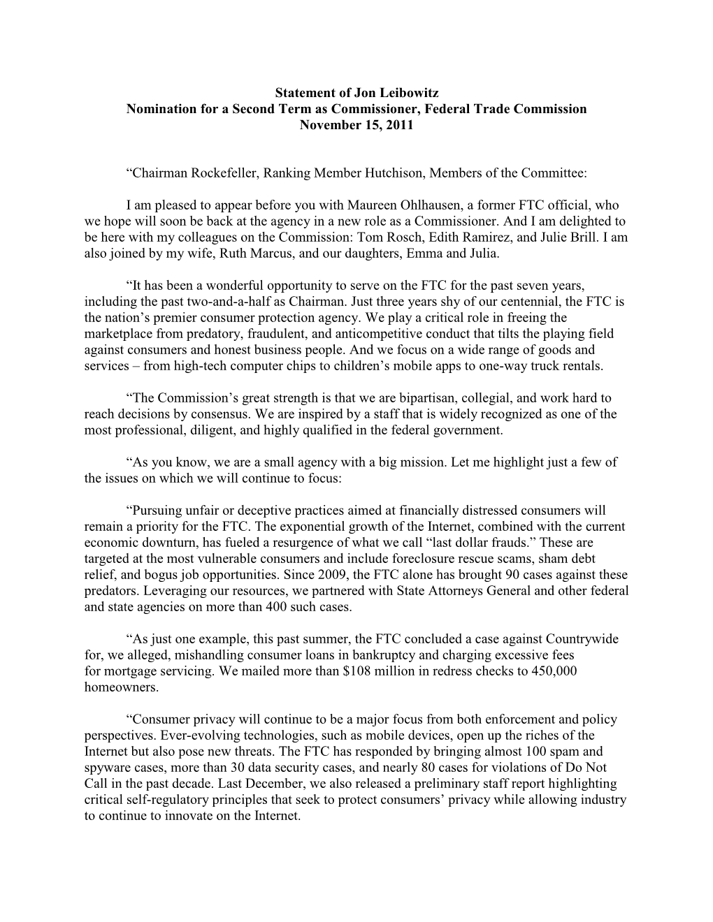 Statement of Jon Leibowitz Nomination for a Second Term As Commissioner, Federal Trade Commission November 15, 2011