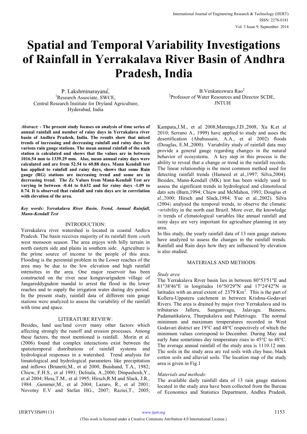 Spatial and Temporal Variability Investigations of Rainfall in Yerrakalava River Basin of Andhra Pradesh, India