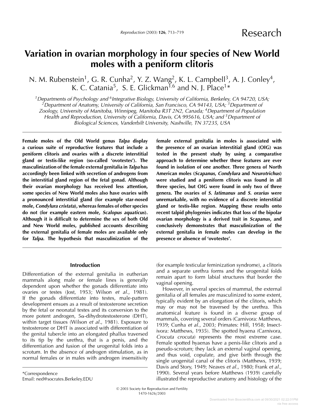 Variation in Ovarian Morphology in Four Species of New World Moles with a Peniform Clitoris N