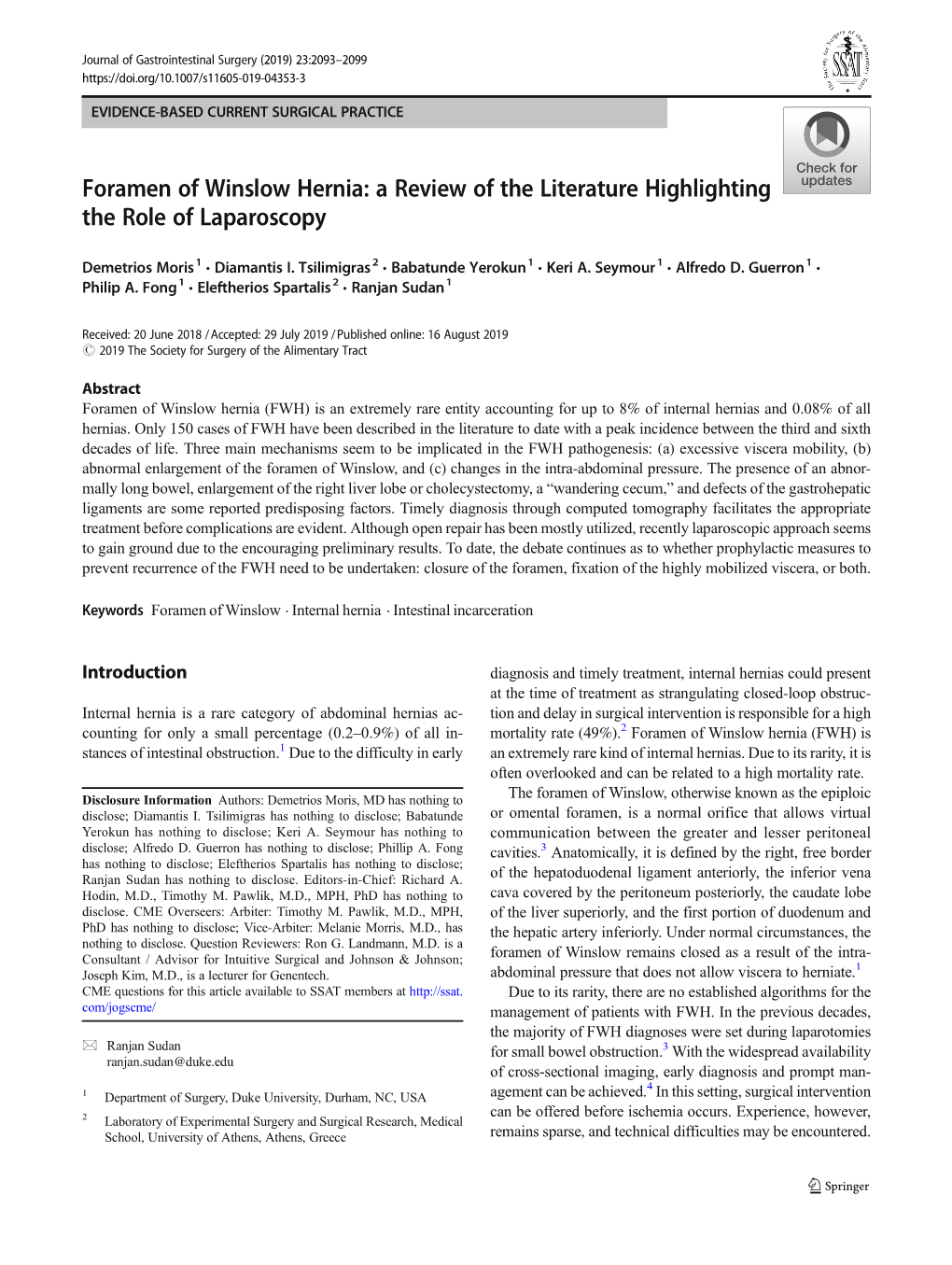 Foramen of Winslow Hernia: a Review of the Literature Highlighting the Role of Laparoscopy