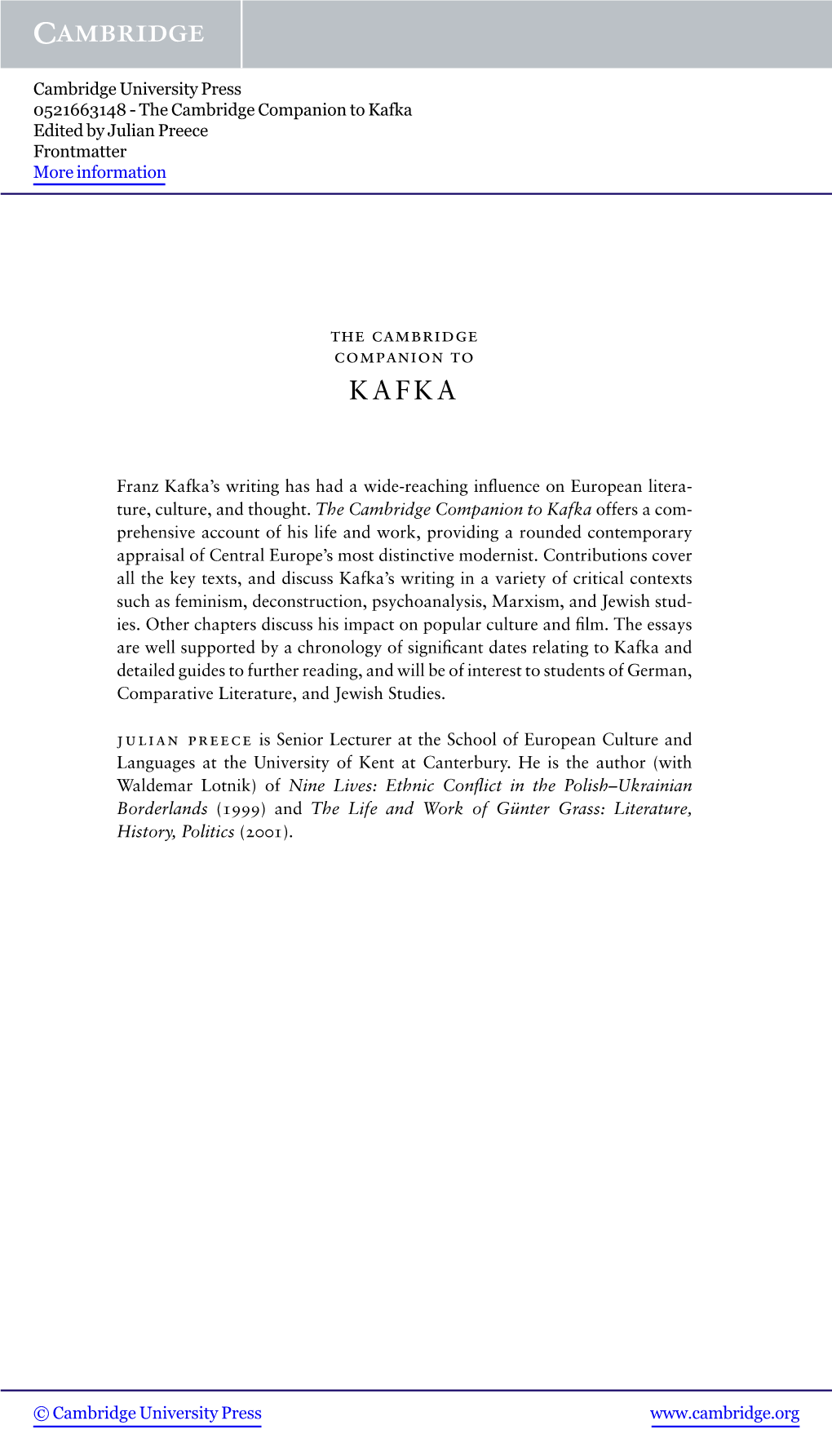 The Cambridge Companion to Kafka Edited by Julian Preece Frontmatter More Information