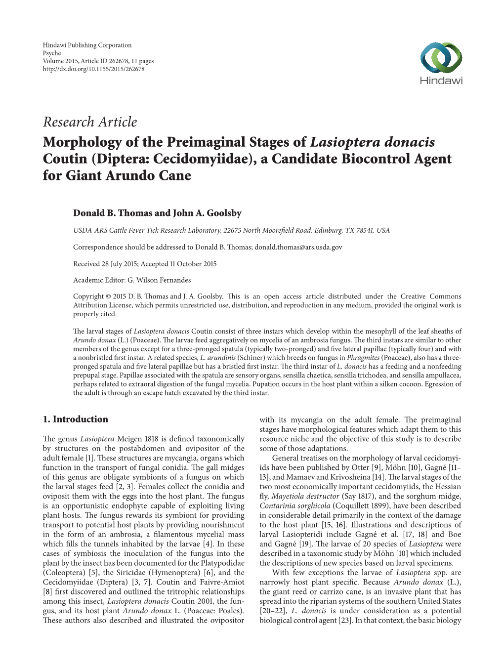 Morphology of the Preimaginal Stages of Lasioptera Donacis Coutin (Diptera: Cecidomyiidae), a Candidate Biocontrol Agent for Giant Arundo Cane