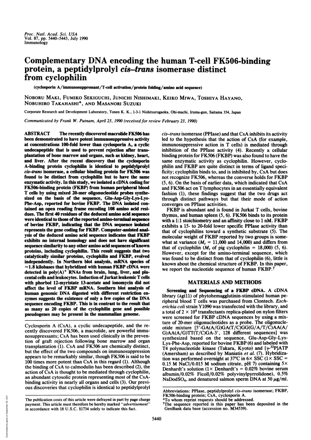 Complementary DNA Encoding the Human T-Cell FK506-Binding Protein, a Peptidylprolyl Cis-Trans Isomerase Distinct from Cyclophili