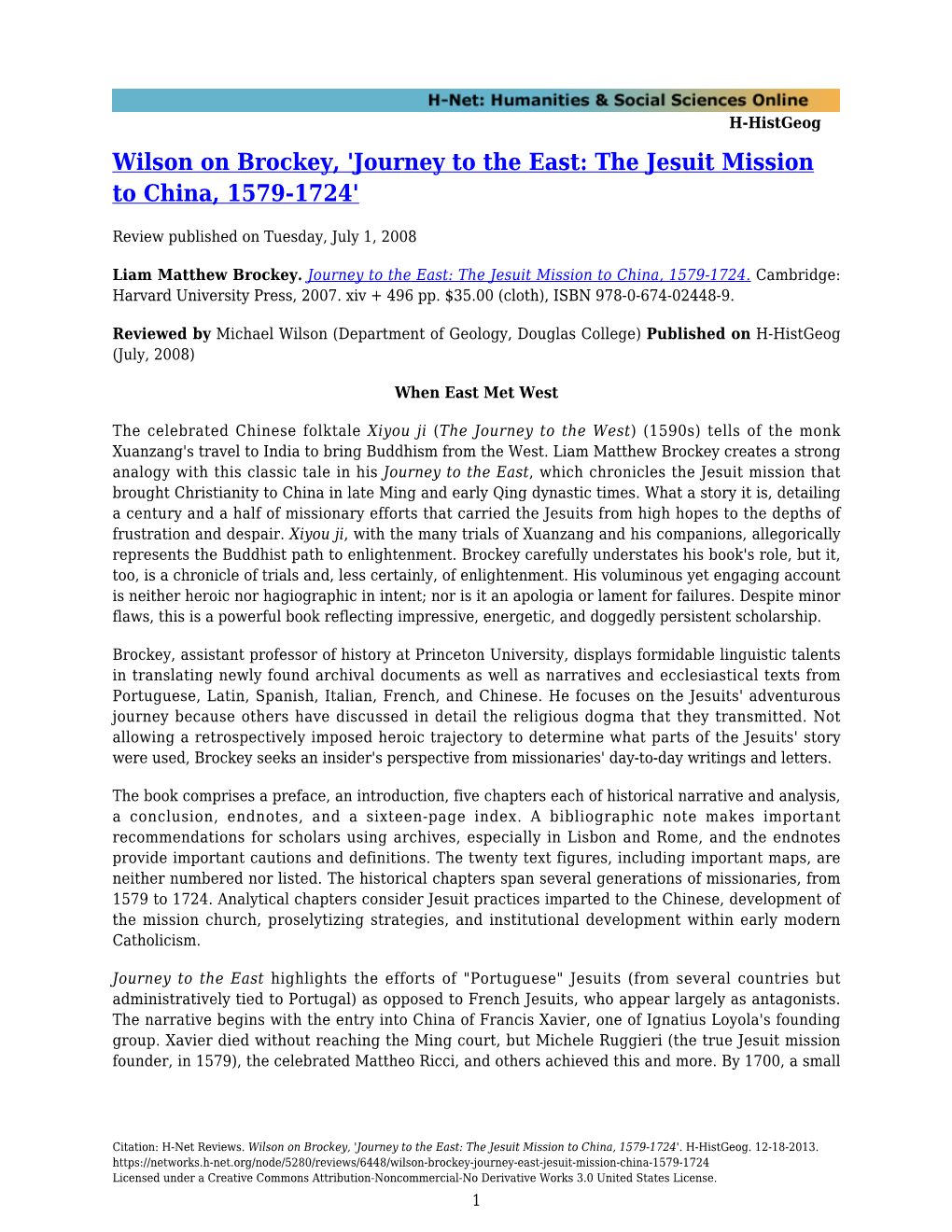 Wilson on Brockey, 'Journey to the East: the Jesuit Mission to China, 1579-1724'