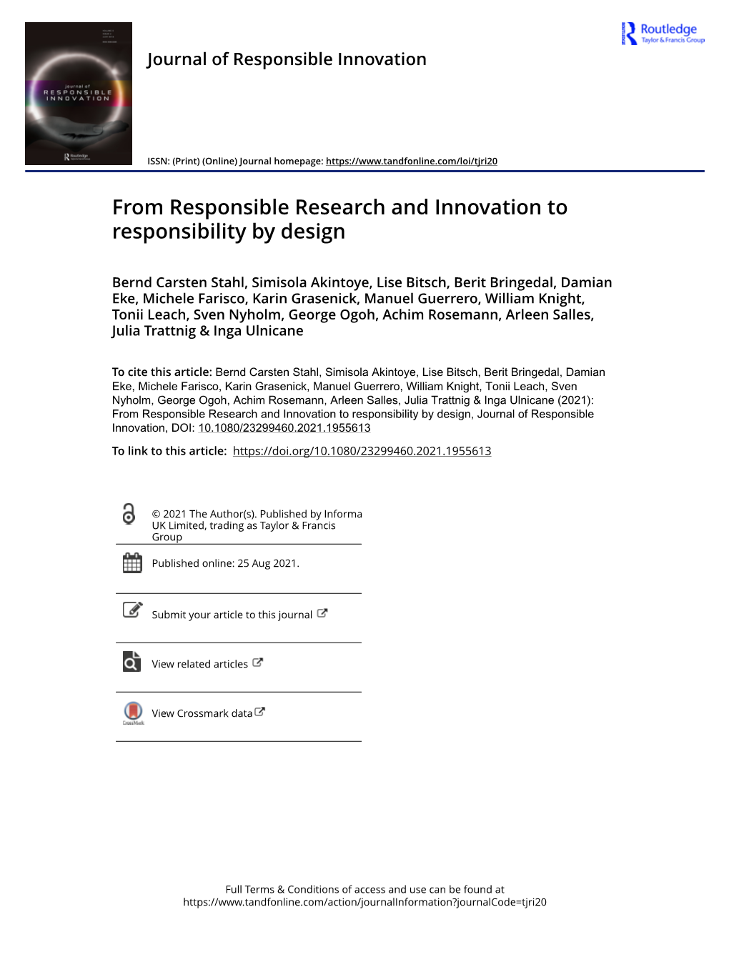 From Responsible Research and Innovation to Responsibility by Design