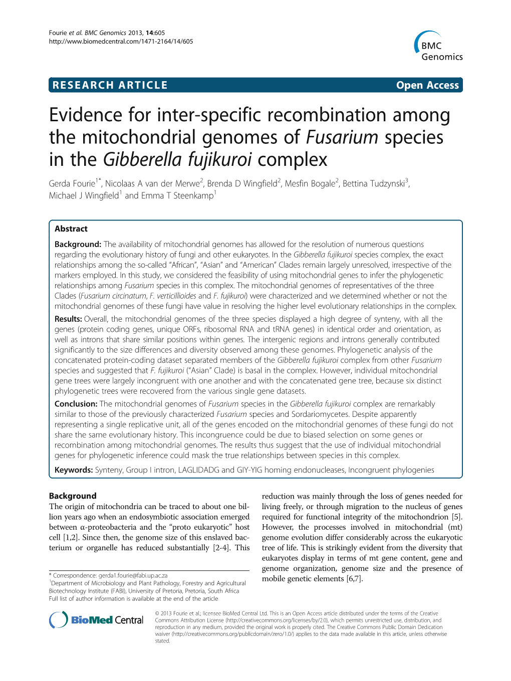 Evidence for Inter-Specific Recombination Among the Mitochondrial Genomes of Fusarium Species in the Gibberella Fujikuroi Comple