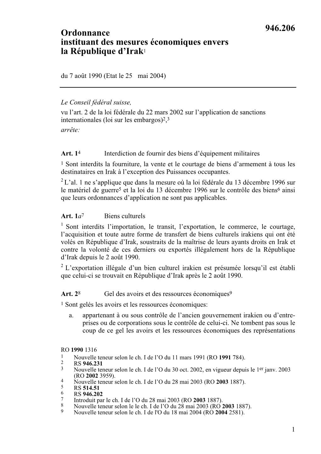 Ordonnance Du 7 Août 1990 Instituant Des Mesures Économiques Envers