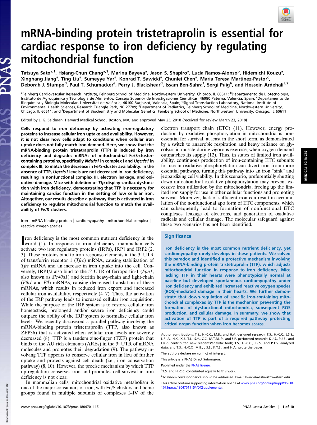 Mrna-Binding Protein Tristetraprolin Is Essential for Cardiac Response to Iron Deficiency by Regulating Mitochondrial Function