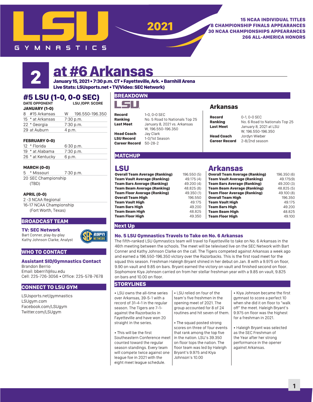 2021 LSU Gymnastics - Week15 2NCAA at Arkansas INDIVIDUAL TITLES 8 CHAMPIONSHIP FINALS APPEARANCES 2021 30 NCAA CHAMPIONSHIPS APPEARANCES 266 ALL-AMERICA HONORS