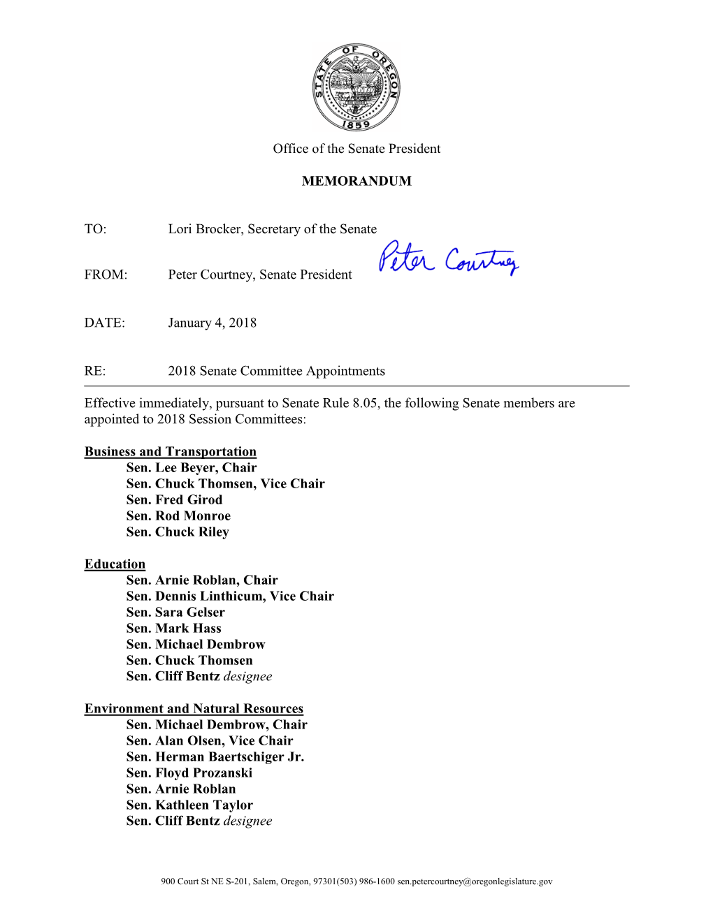 2018 Senate Committee Appointments