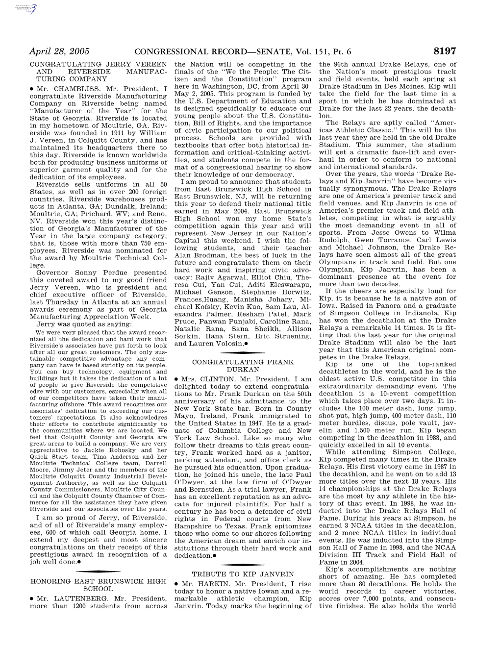 CONGRESSIONAL RECORD—SENATE, Vol. 151, Pt. 6 April 28