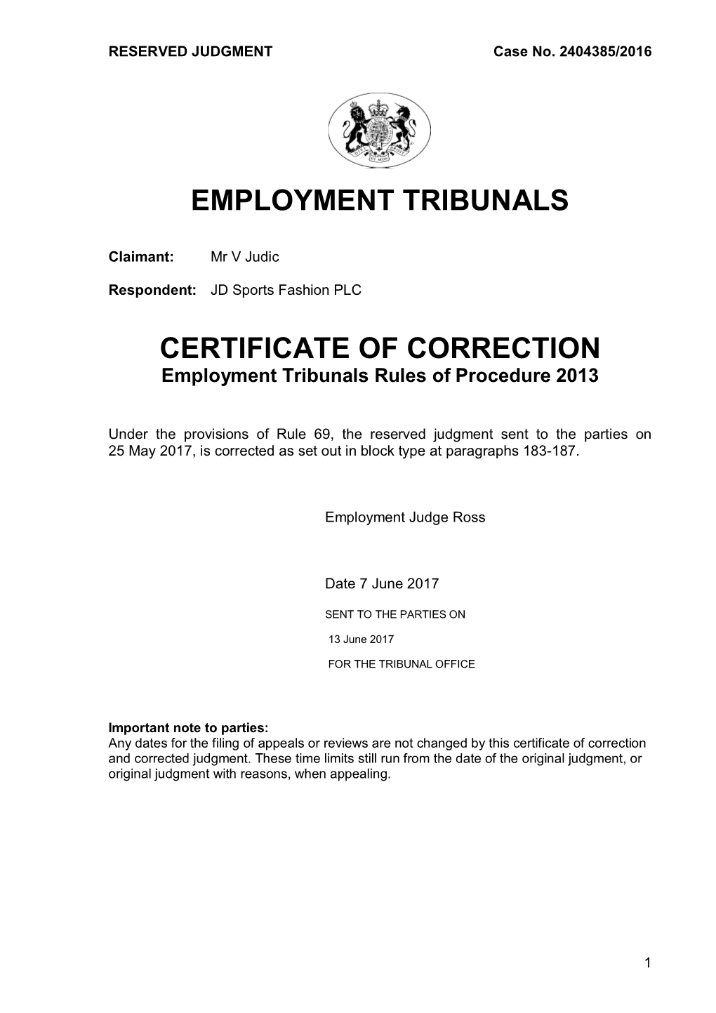 Employment Tribunals Certificate of Correction