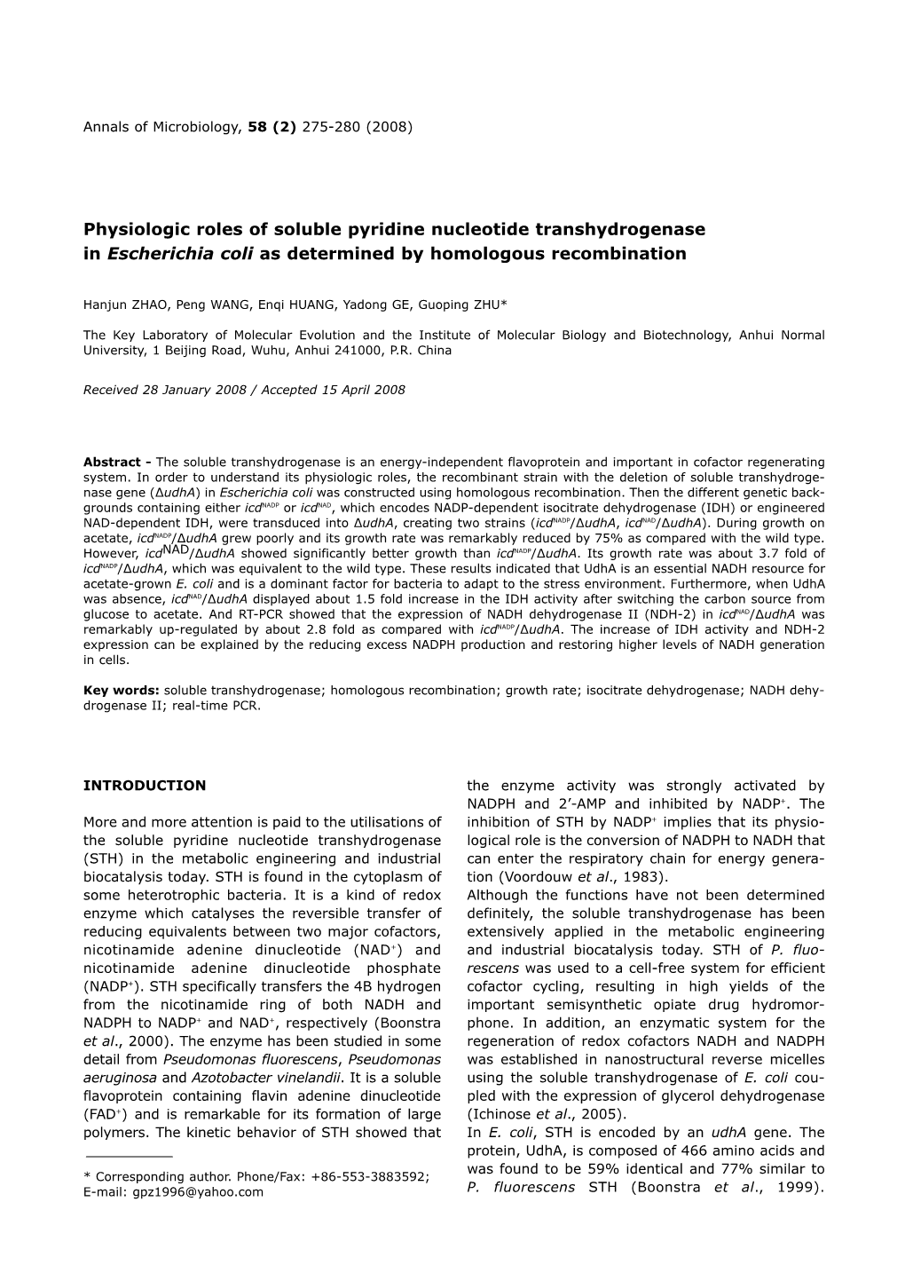 Physiologic Roles of Soluble Pyridine Nucleotide Transhydrogenase in <Emphasis Type=