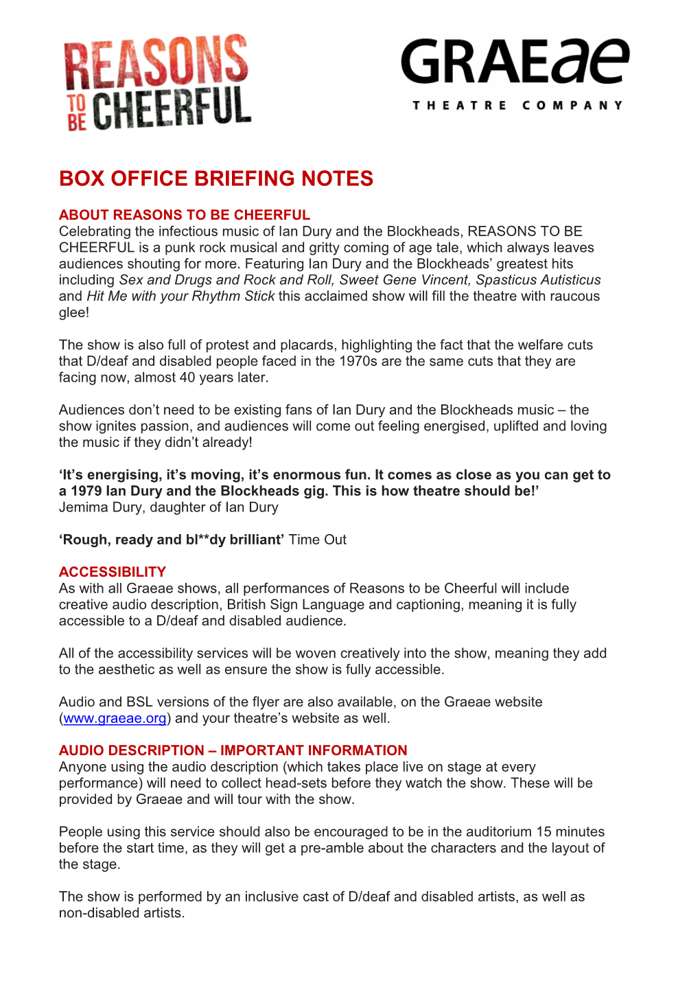 Box Office Briefing Notes