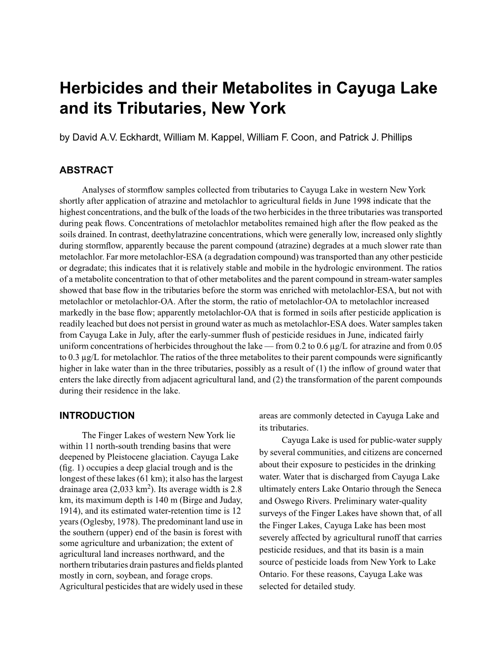 Herbicides and Their Metabolites in Cayuga Lake and Its Tributaries, New York by David A.V