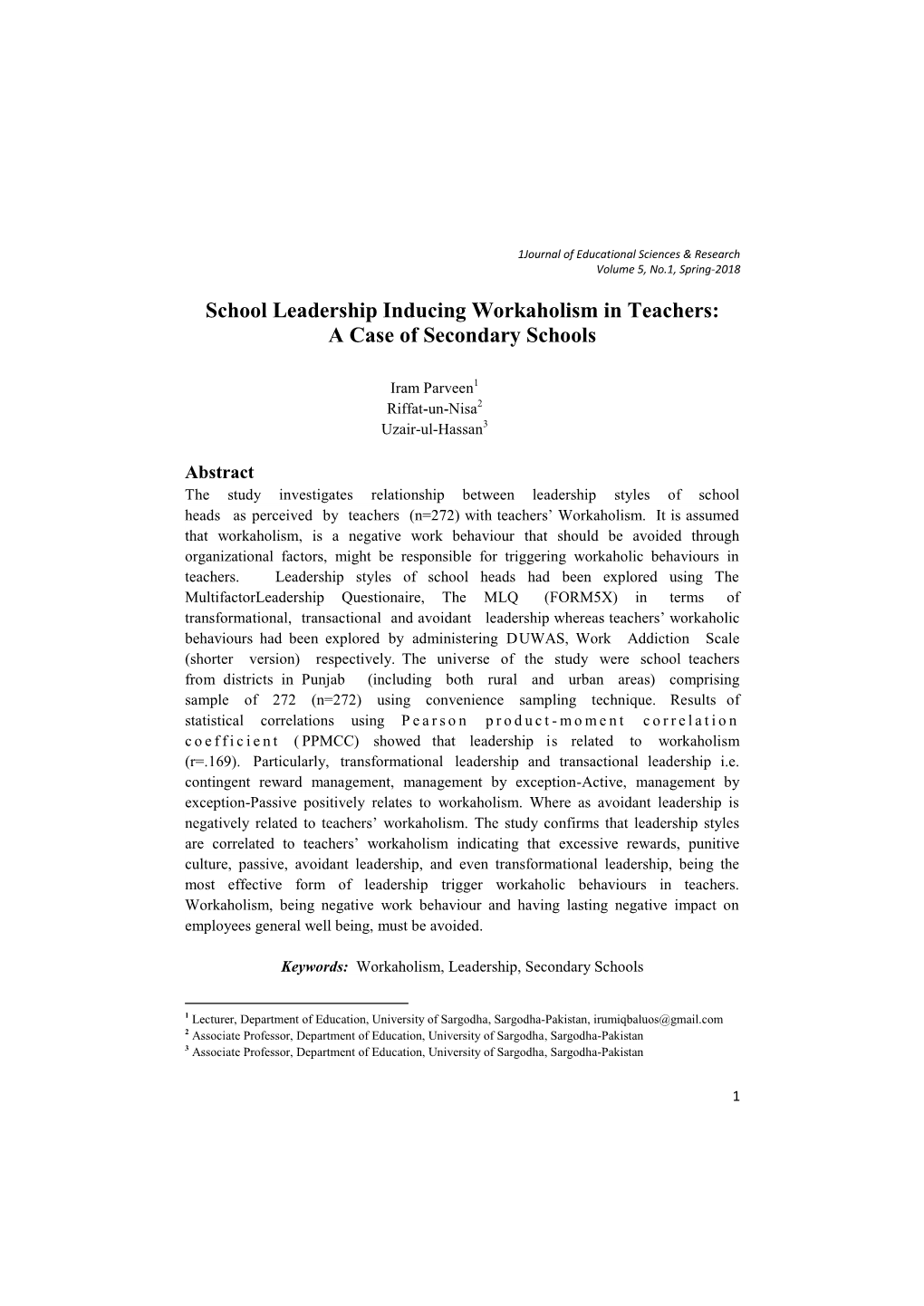 School Leadership Inducing Workaholism in Teachers: a Case of Secondary Schools