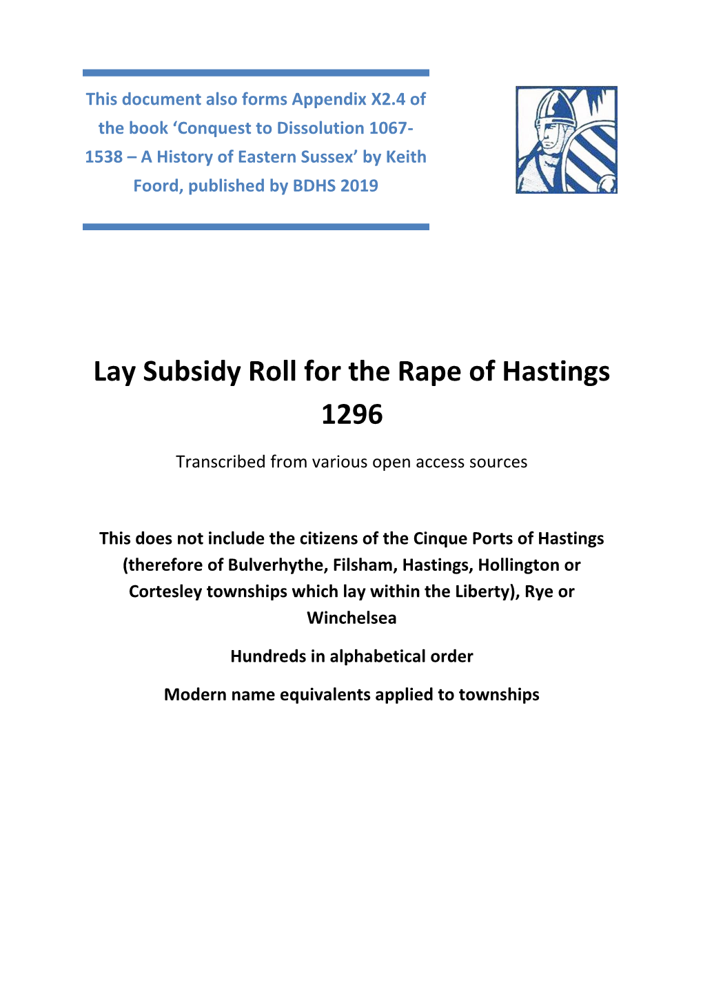 Lay Subsidy Roll for the Rape of Hastings 1296