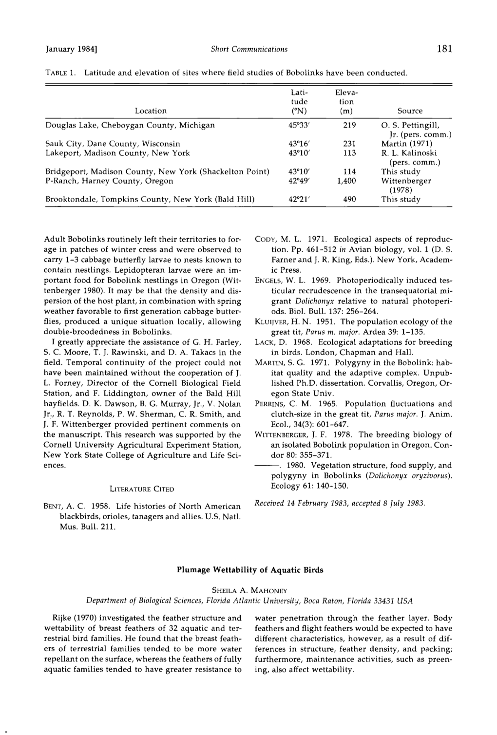 Plumage Wettability of Aquatic Birds