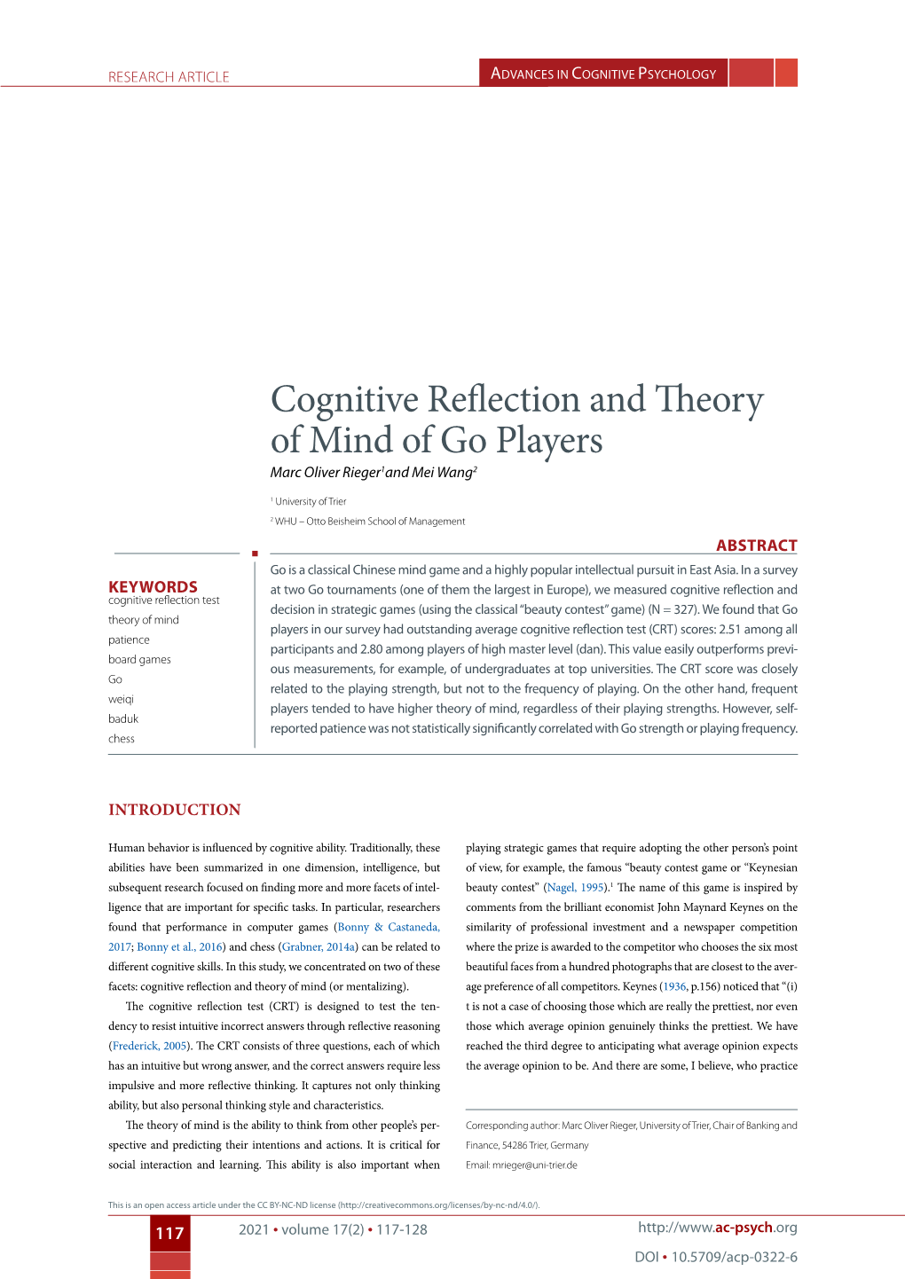 Cognitive Reflection and Theory of Mind of Go Players Marc Oliver Rieger1and Mei Wang2