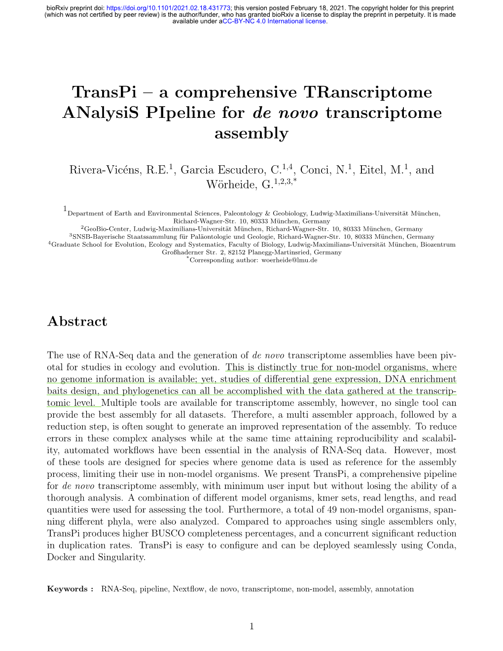 RNA-Seq Data and the Generation of De Novo Transcriptome Assemblies Have Been Piv- Otal for Studies in Ecology and Evolution