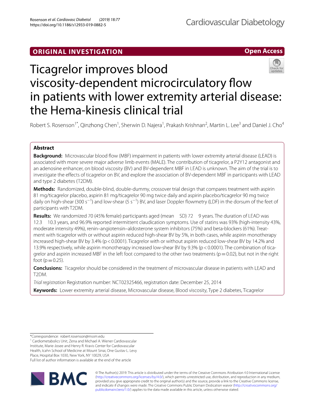 Ticagrelor Improves Blood Viscosity‑Dependent Microcirculatory Fow in Patients with Lower Extremity Arterial Disease: the Hema‑Kinesis Clinical Trial Robert S