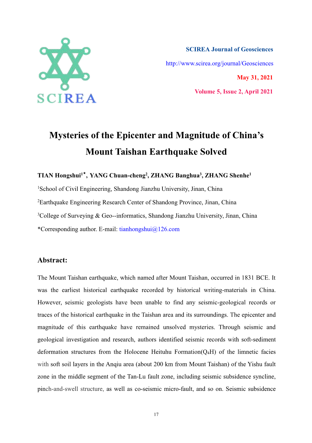 Mysteries of the Epicenter and Magnitude of China's Mount Taishan Earthquake Solved