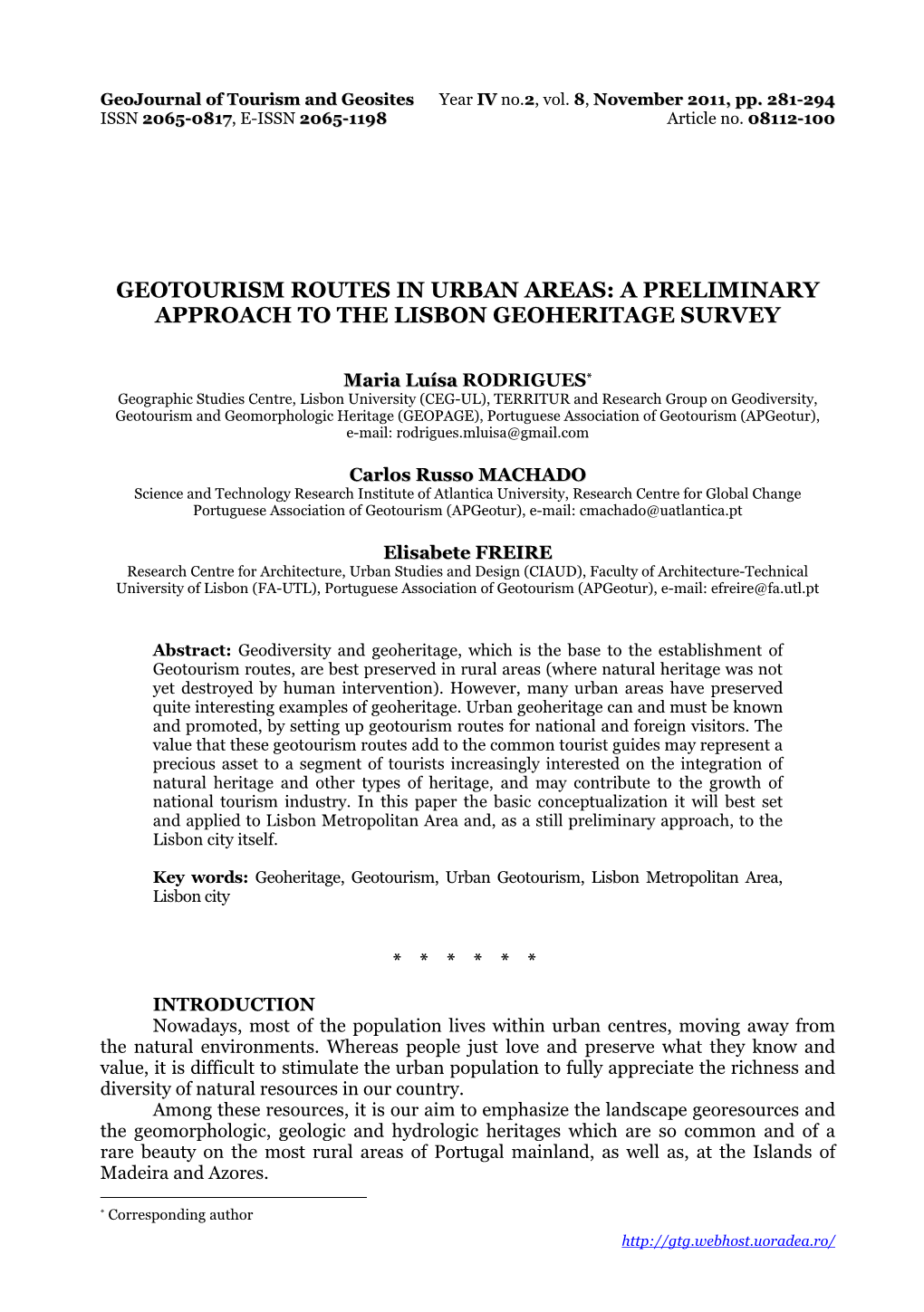 Geotourism Routes in Urban Areas: a Preliminary Approach to the Lisbon Geoheritage Survey