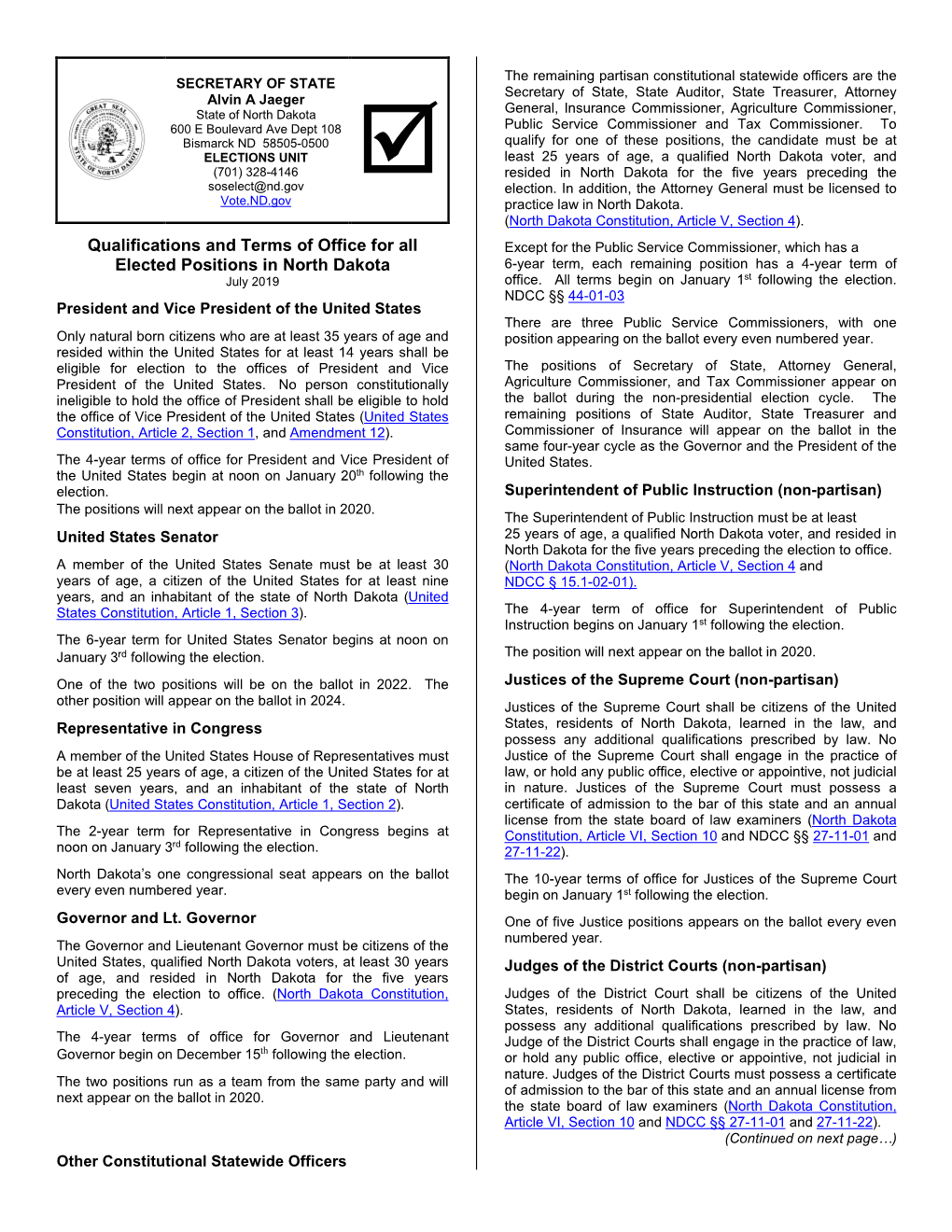 Qualifications and Terms of Office for All Elected Positions in North Dakota