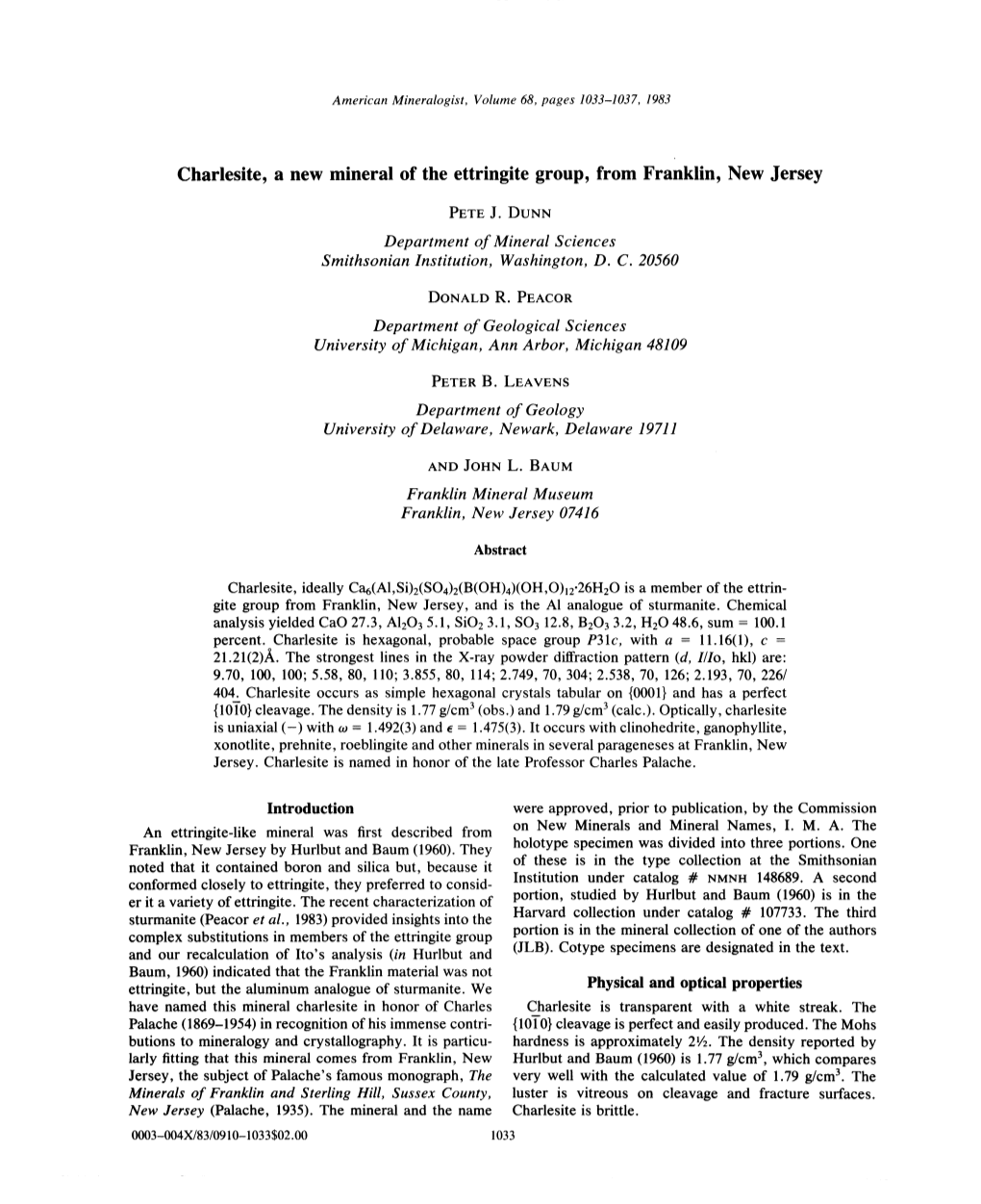 Charlesite, a New Mineral of the Ettringite Group, from Franklin, New Jersey