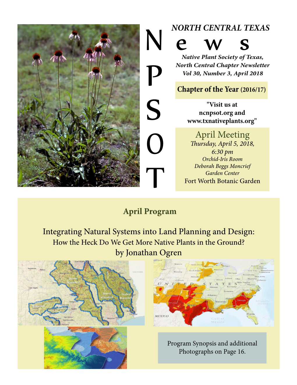 N Northe Centralw S TEXAS Native Plant Society of Texas, North Central Chapter Newsletter Vol 30, Number 3, April 2018