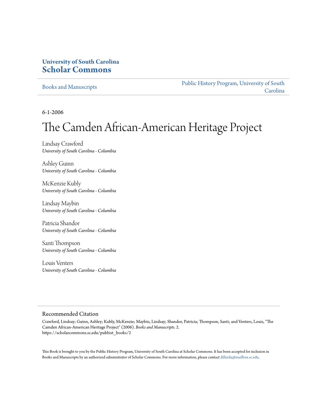 The Camden African-American Heritage Project" (2006)