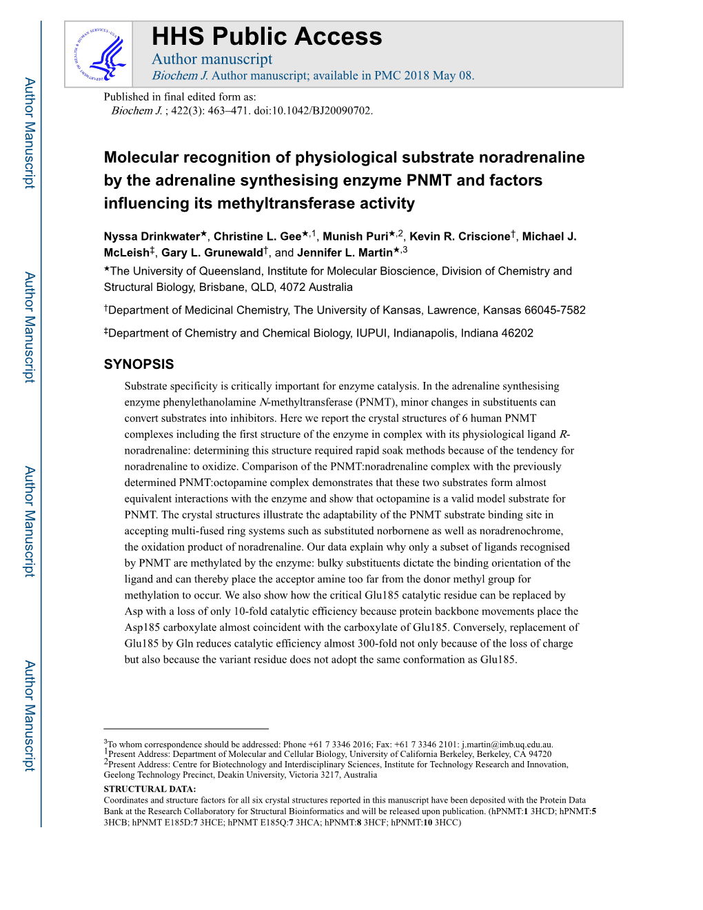 Molecular Recognition of Physiological Substrate Noradrenaline by the Adrenaline Synthesising Enzyme PNMT and Factors Influencing Its Methyltransferase Activity